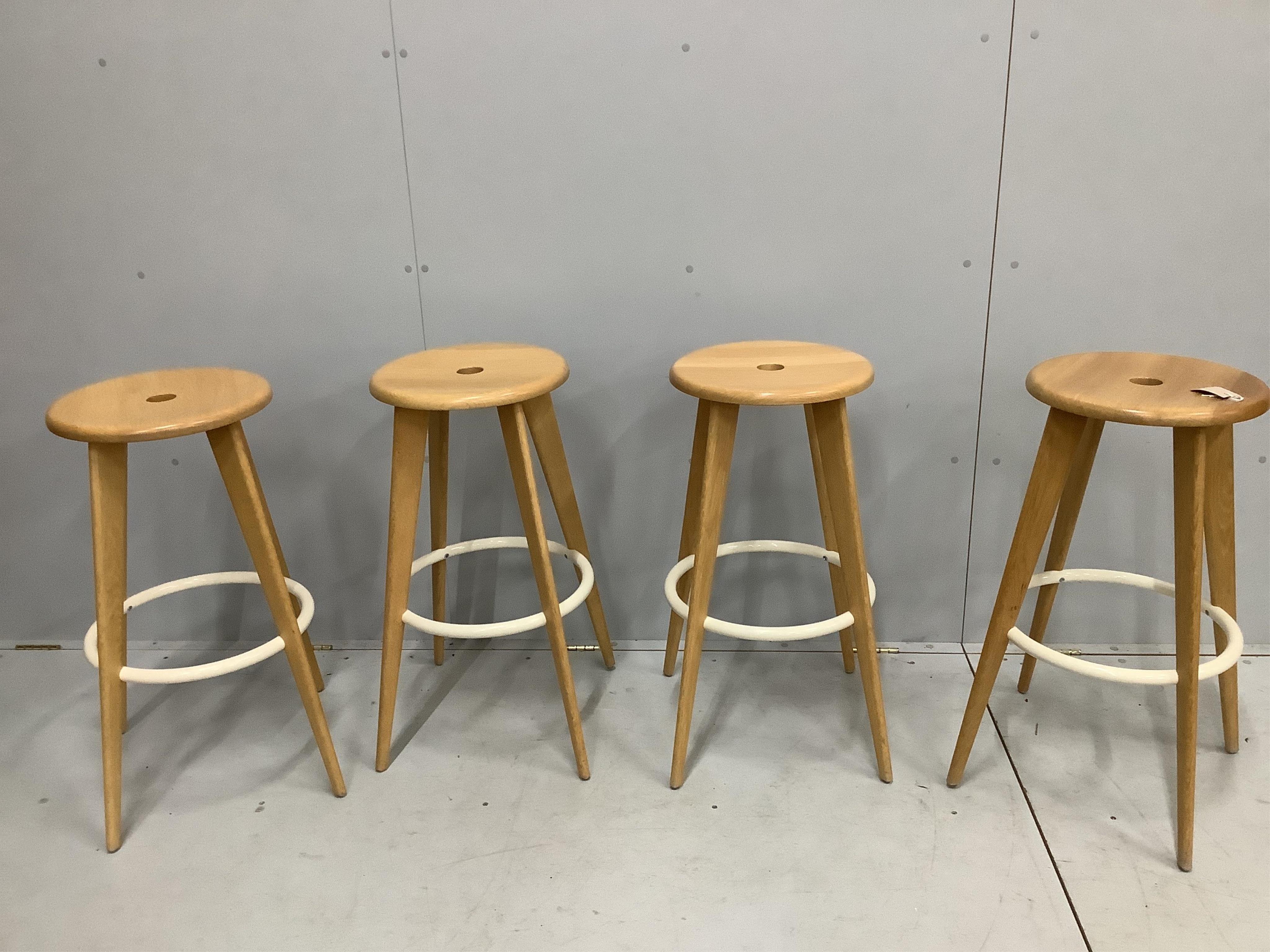 Four Vitra Tabouret Haut bar stools by Jean Prouvé, Prouvé Collection, 2002, height 78cm. Condition - good